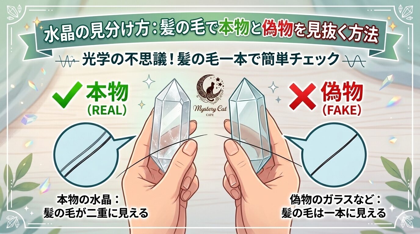 水晶の見分け方：髪の毛で本物と偽物を見抜く方法 ミステリーキャットカフェ