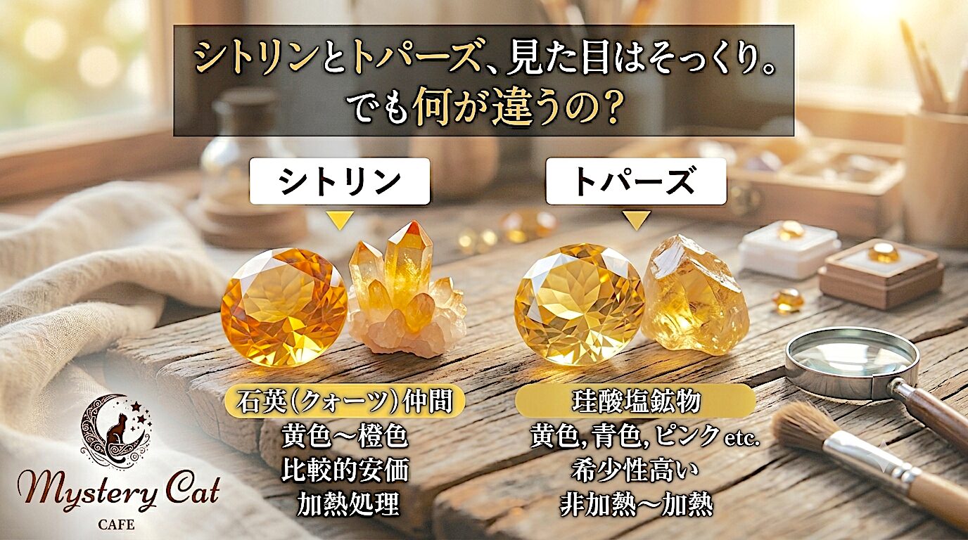 シトリンとトパーズ、見た目はそっくり。でも何が違うの？ ミステリーキャットカフェ