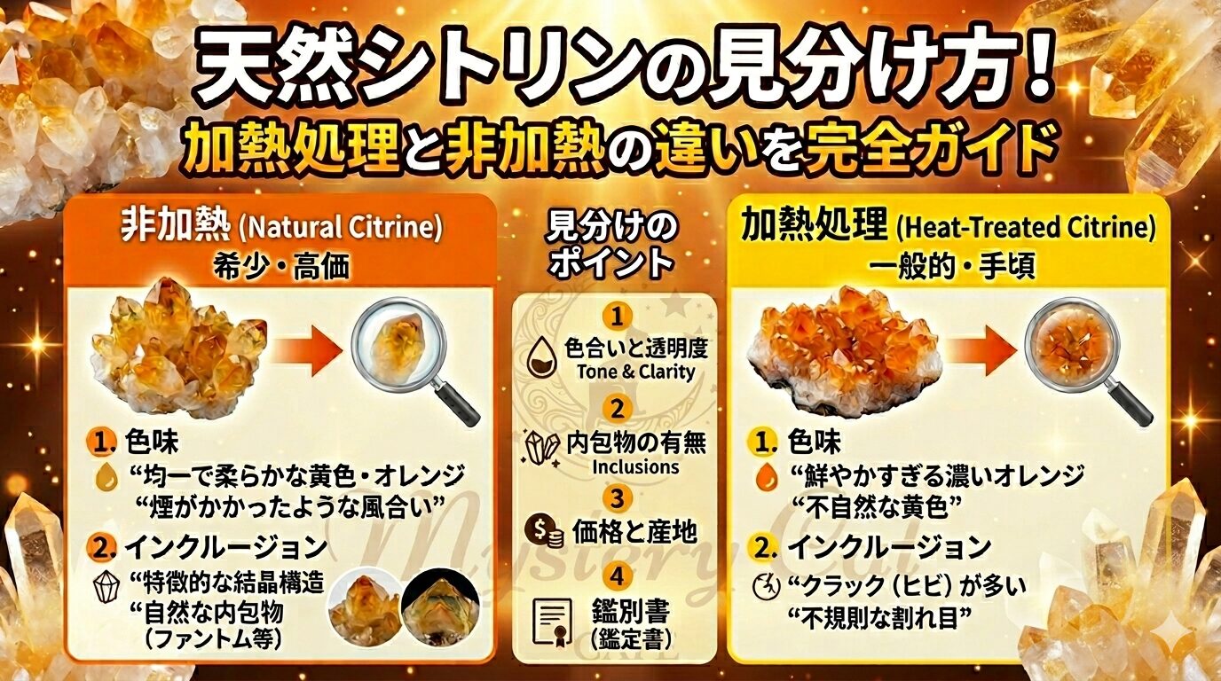 天然シトリンの見分け方！加熱処理と非加熱の違いを完全ガイド ミステリーキャットカフェ